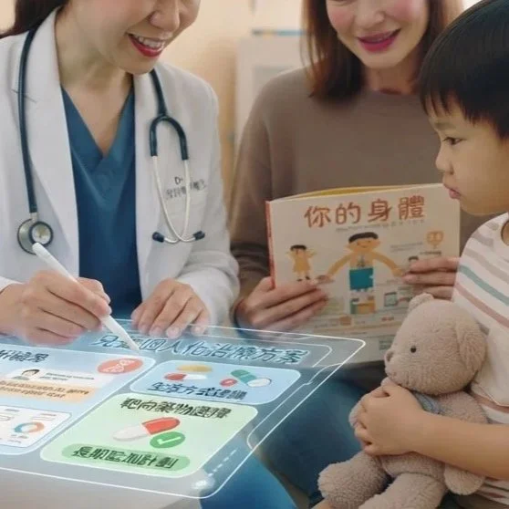 A pediatrician or doctor talking to a woman and a young boy in a medical setting. The boy is holding a stuffed teddy bear, and the woman is reading a children's book about body parts. The doctor is writing on a transparent digital display showing health-related information.