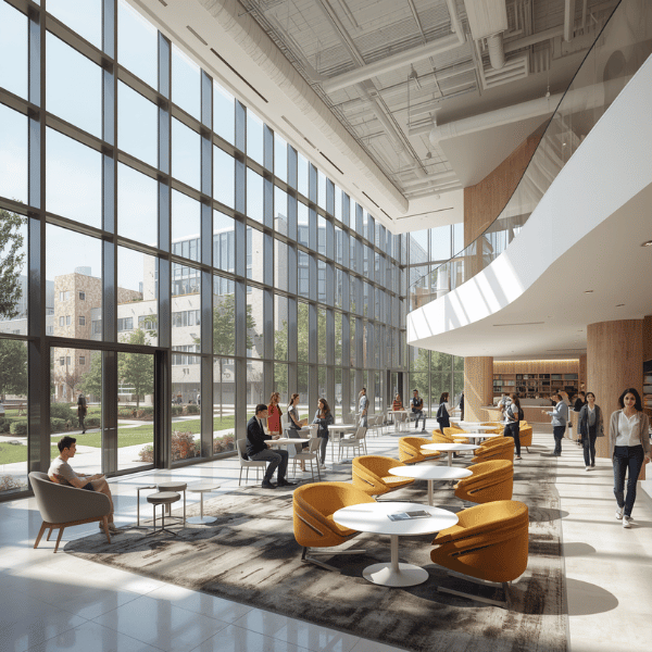Modern lobby or lounge area with large glass windows, seating with orange chairs and white tables, people working and socializing, and a high ceiling.