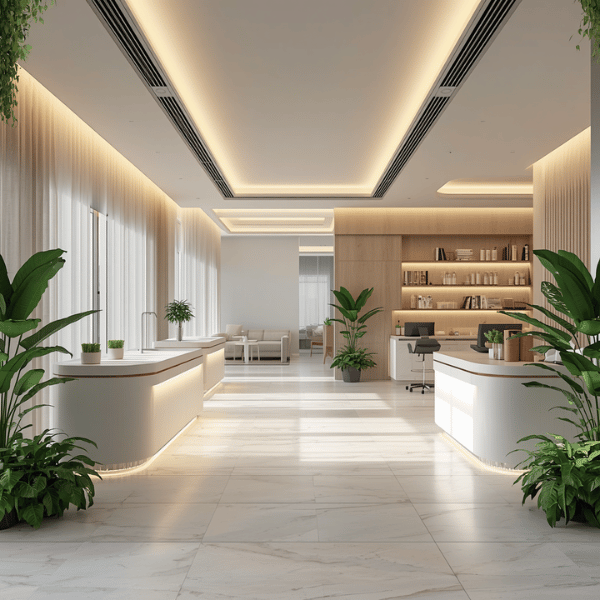 Modern hotel or office reception area with white curved desks, green plants, bookshelf, and seating area in the background.
