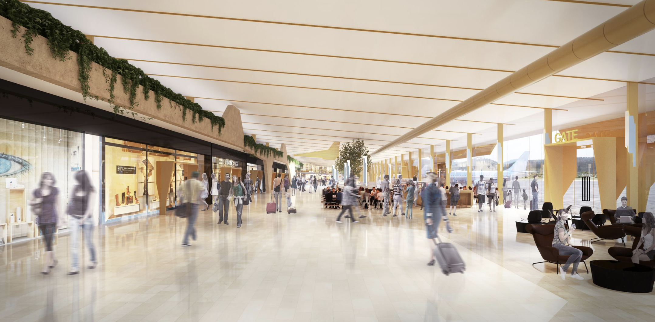 Passengers at an airport terminal with shops, seating area, and windows showing airplanes outside.