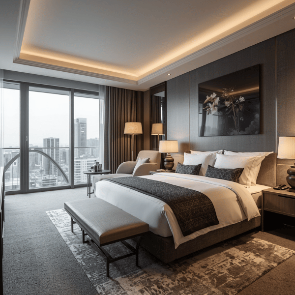 A modern hotel room with a large bed, nightstands with lamps, a beige armchair, a bench at the foot of the bed, and a balcony with city views through glass doors.