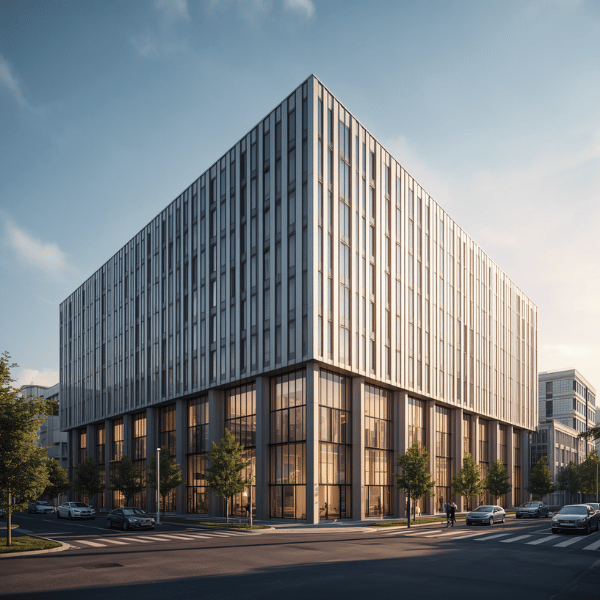 Modern multi-story office building with glass windows and trees in front, under a clear sky.