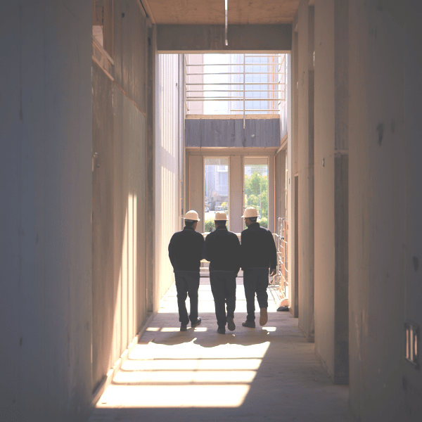 Three construction workers wearing white hard hats walking down a corridor on a building site with sunlight streaming through an opening at the end.