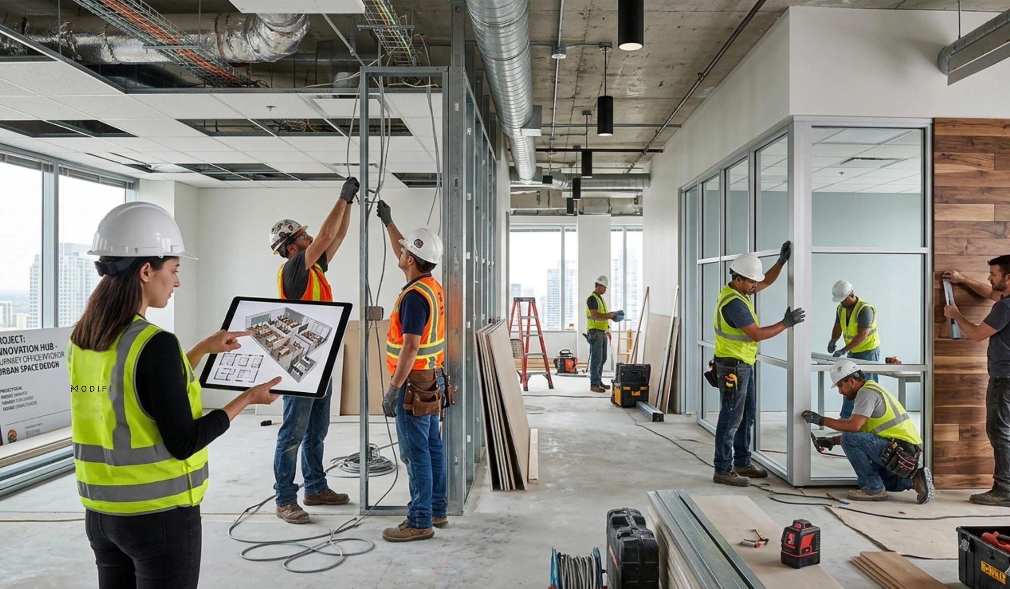 Construction workers in a modern office building installing drywall and framing. Some workers are measuring; others are using tools. A woman in a yellow safety vest is holding a tablet showing architectural plans.