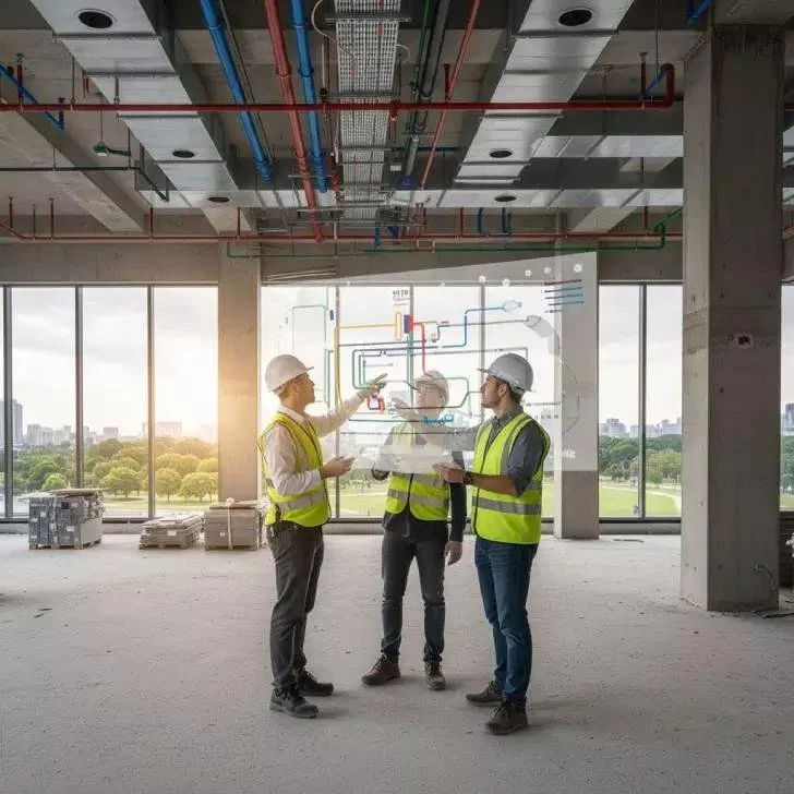 Three construction workers wearing yellow safety vests and white helmets standing inside a high-rise building under construction, examining a large digital blueprint projected onto the wall with city and park view through large windows in the background.