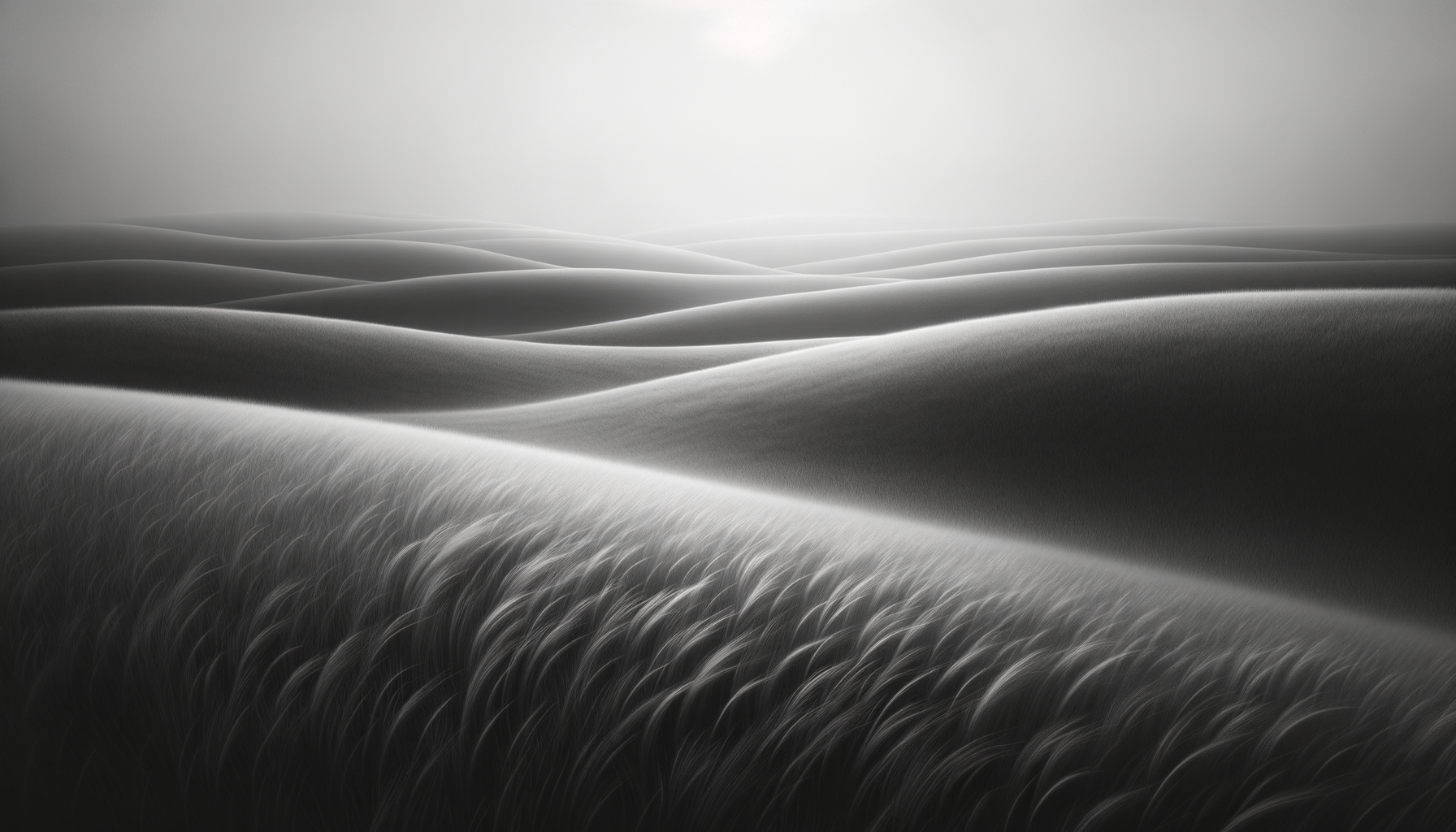 Black and white abstract image of sand dunes with soft, flowing curves and textured surface, creating a surreal landscape.
