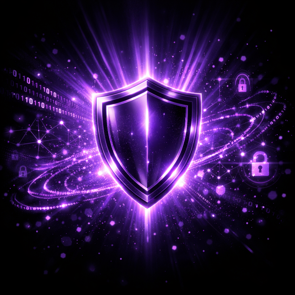 Digital shield with purple glow, surrounded by binary code and lock icons, symbolizing cybersecurity.