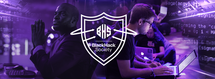 Group of people working on laptops in a tech environment with a 'BlackHack Society' logo overlay.