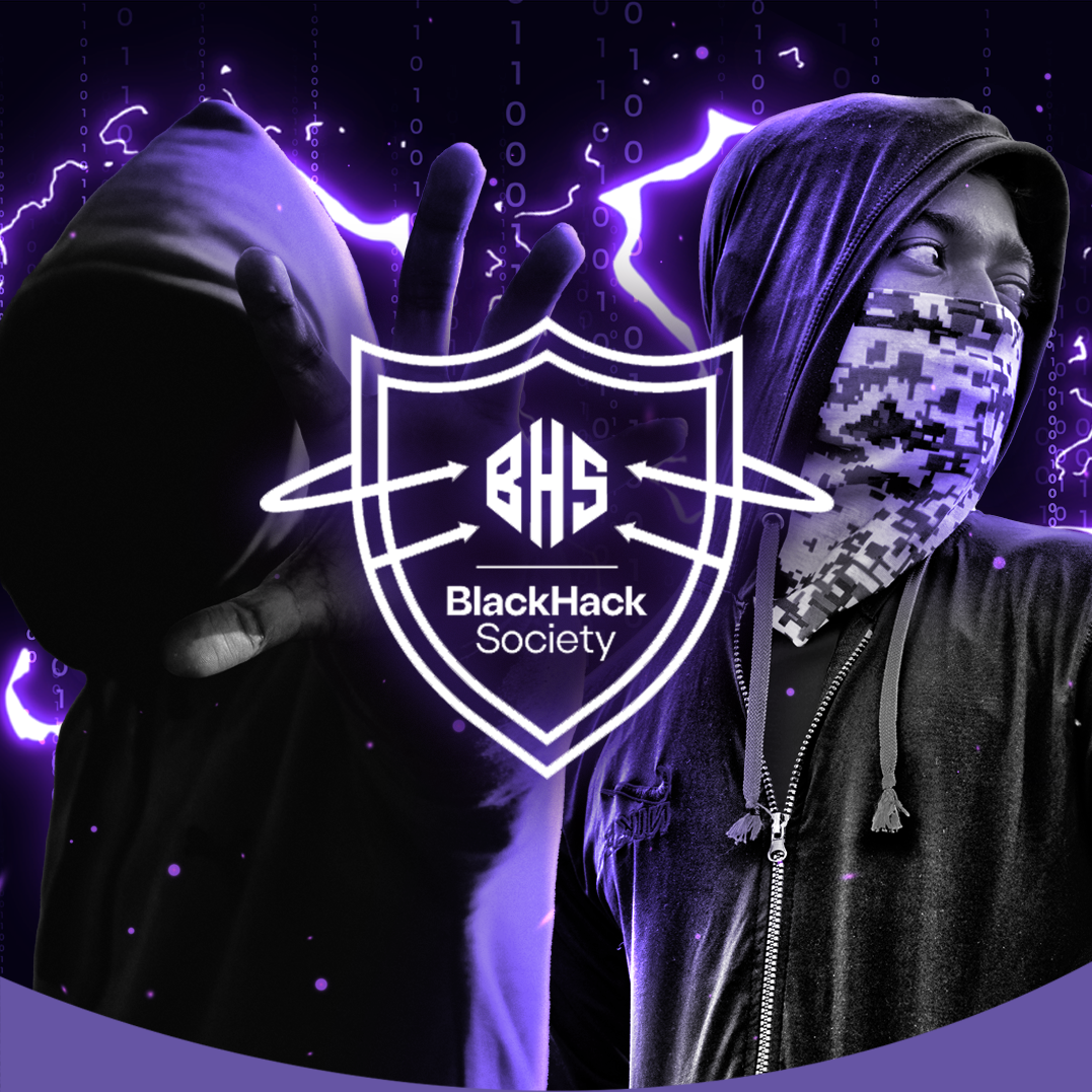 A person wearing a hoodie and face mask with a digital camouflage pattern, standing in front of a dark background with purple lightning and binary code, holding up their hand in front of a logo that reads 'BlackHack Society'.
