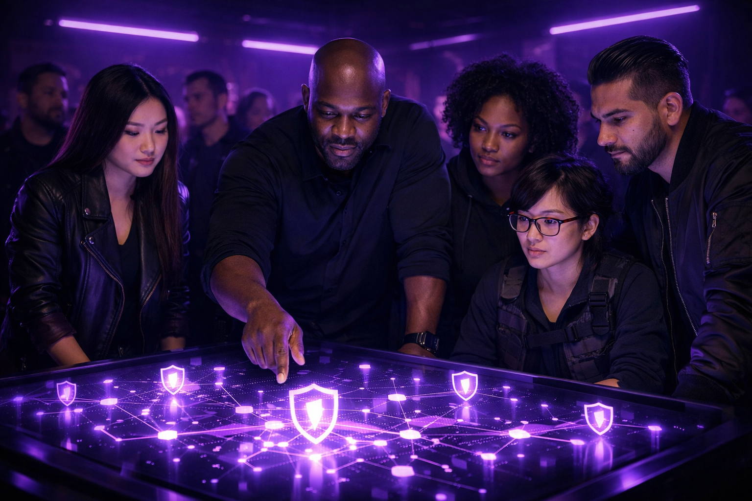 Group of diverse people gathered around a digital table with glowing purple security shield icons, in a dark room illuminated by purple neon lights, discussing cybersecurity.