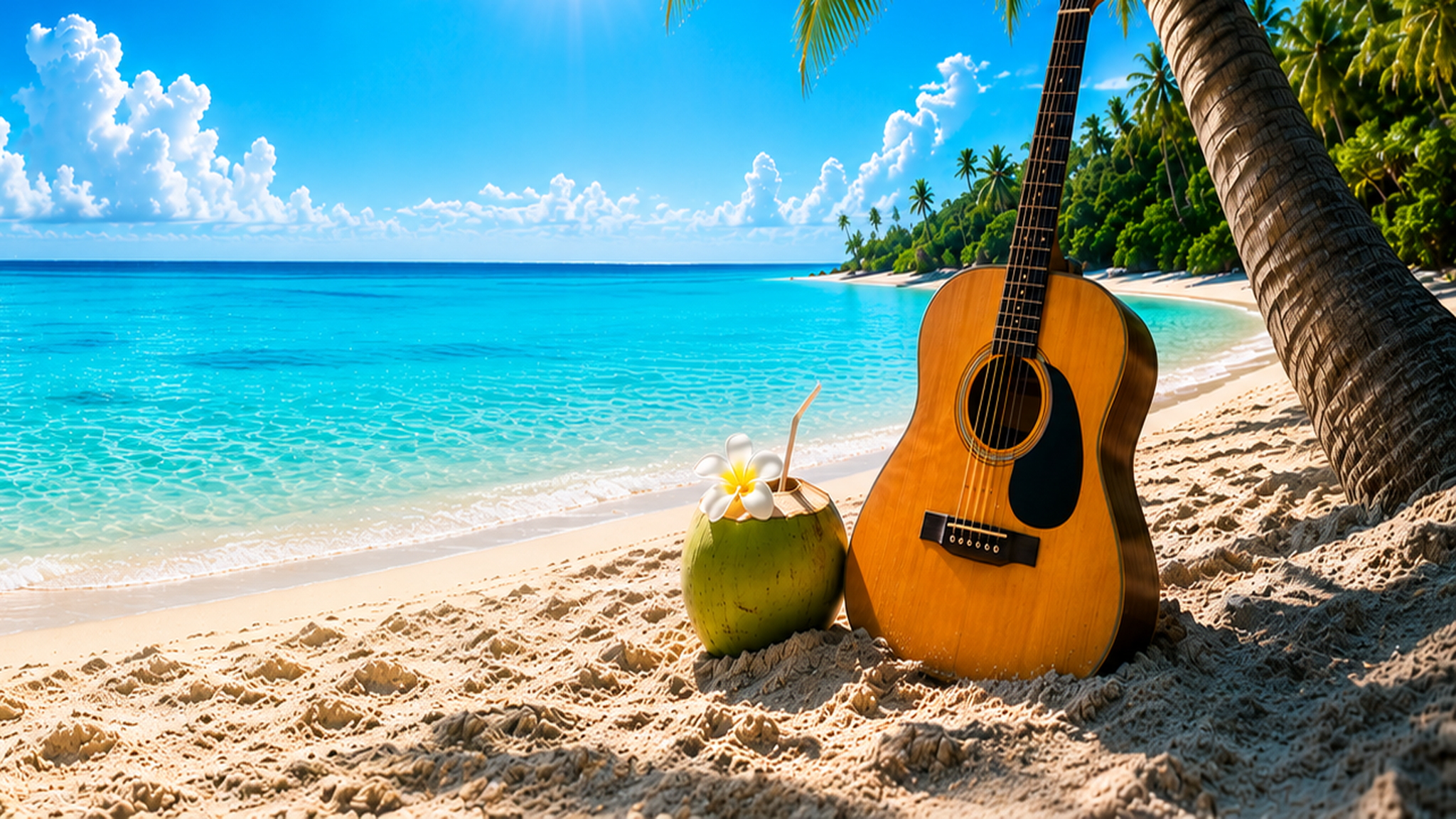 Guitar, coconut drink, and flower on tropical sandy beach with palm trees and ocean in background.