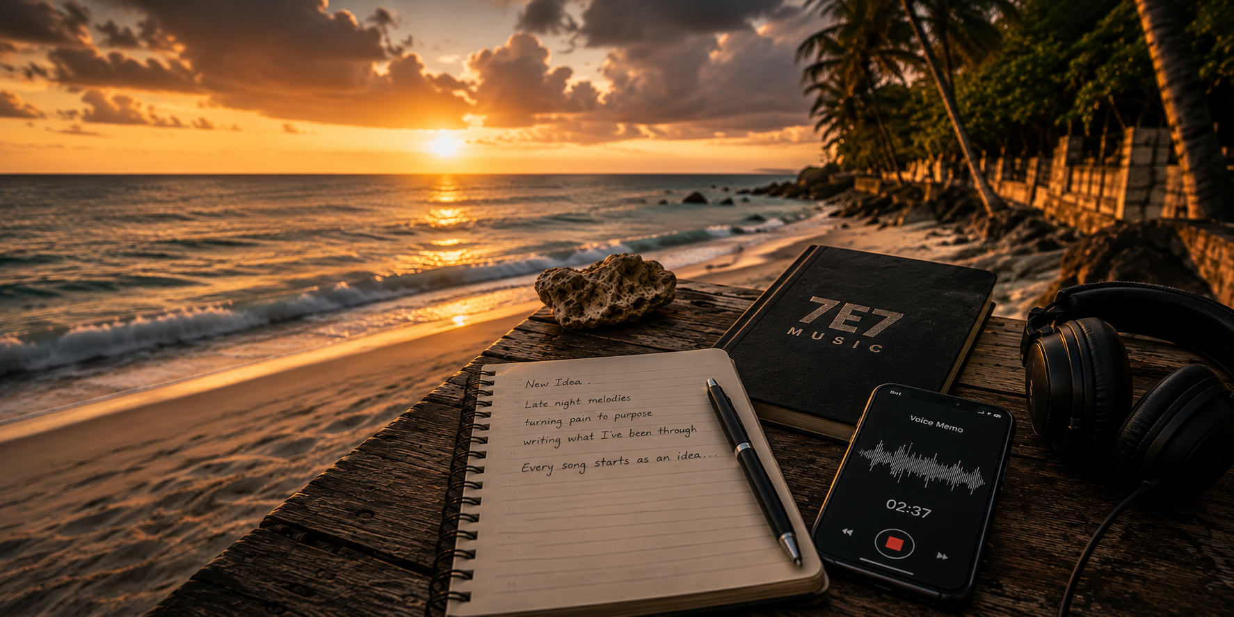 A beach scene at sunset with a wooden table holding a notebook with handwritten notes, a pen, a black music notebook labeled "Z7 Music," a smartphone with a voice memo app playing, a pair of headphones, a large rock, and a tropical backdrop with palm