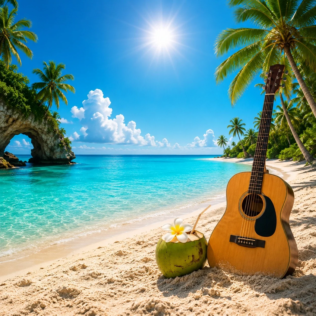 A tropical beach scene with clear blue sky, palm trees, a rocky arch, and turquoise water. A guitar and a fresh coconut with a straw and flower are on the sandy beach.