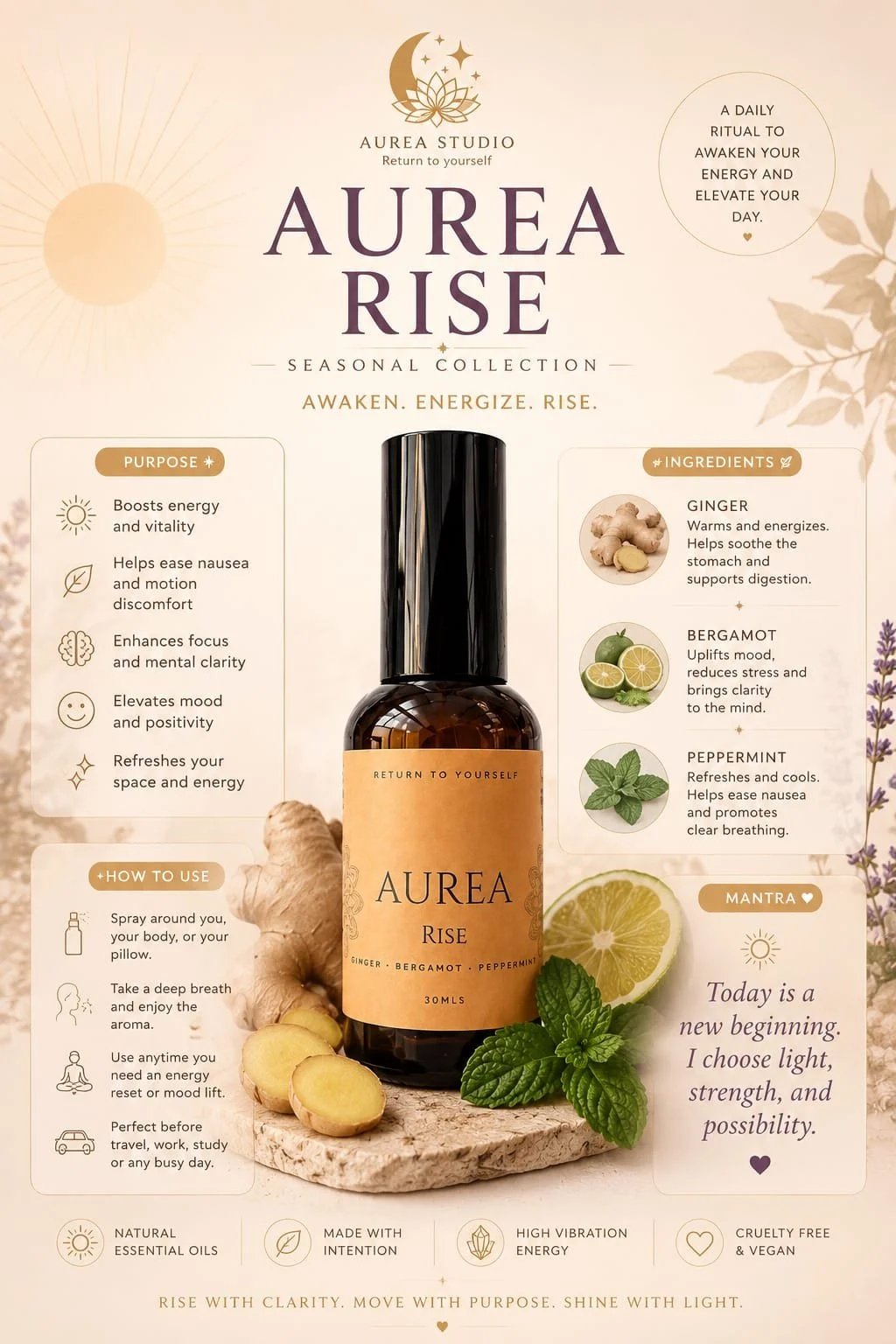 Aurea Rise Revitalising Ritual Mist 30 ml | Ginger Bergamot Peppermint Spray | Mood Booster
