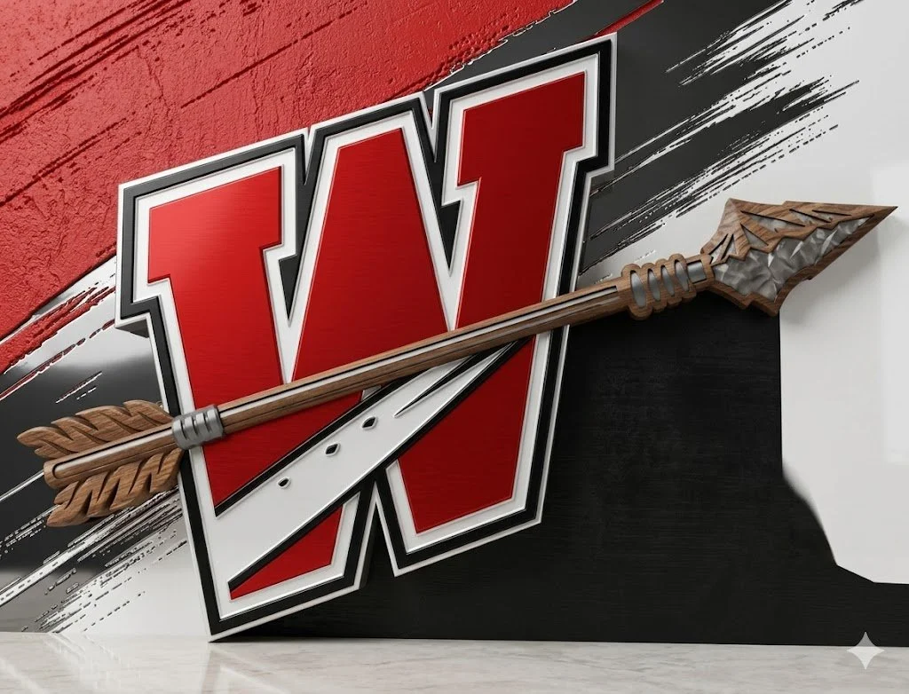 A large 3D TV logo with a decorative arrow crossing it, set against a background with red, black, and white brush strokes.