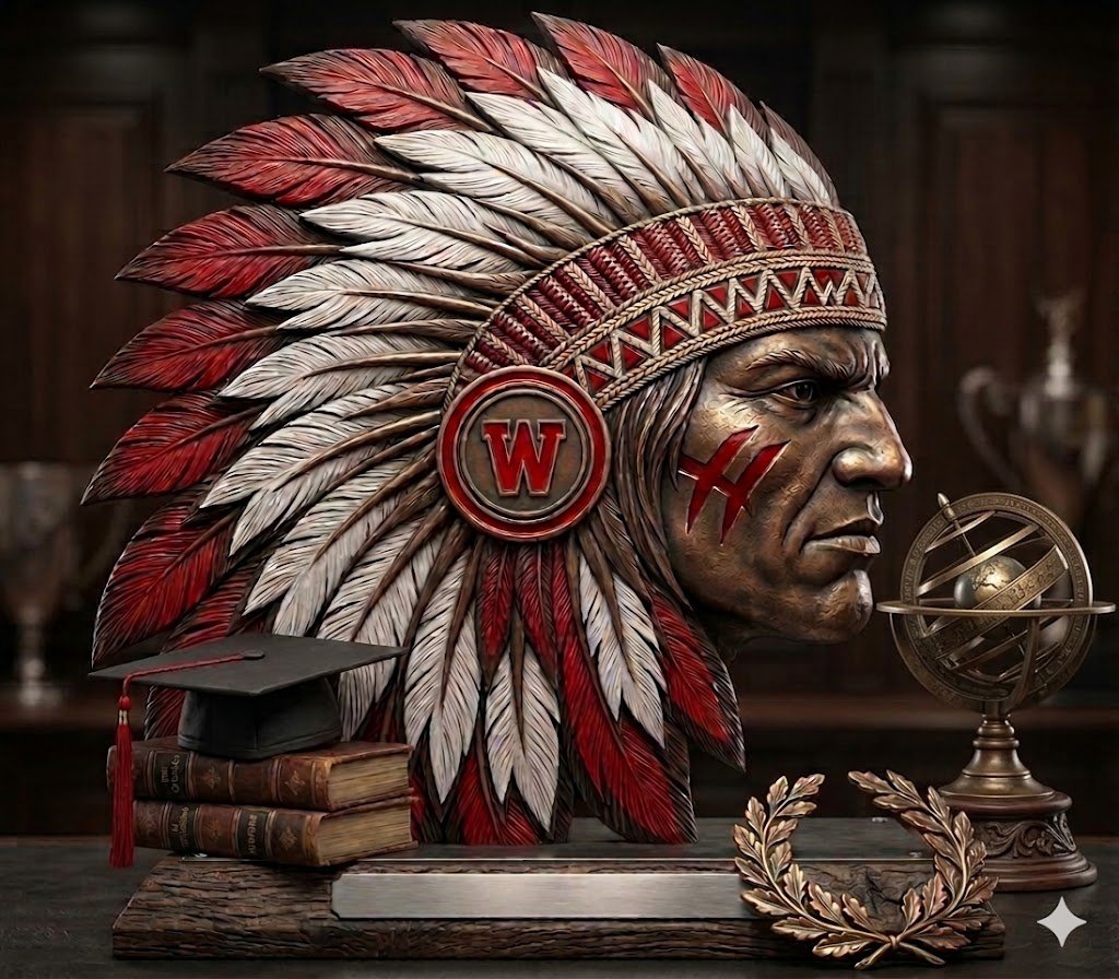 A detailed sculpture of a Native American chief wearing a large red and white feathered headdress, with a serious facial expression, gold face paint, and a red letter 'W' on a circular badge. The sculpture is set on a wooden surface with a stack of books, a black graduation cap, a decorative globe, and an ornate laurel wreath nearby.