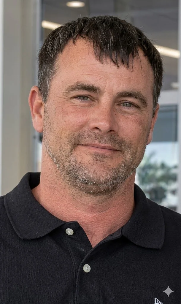 Close-up of a man with short, dark hair and facial hair, smiling slightly, wearing a black polo shirt, in an indoor setting with windows in the background.