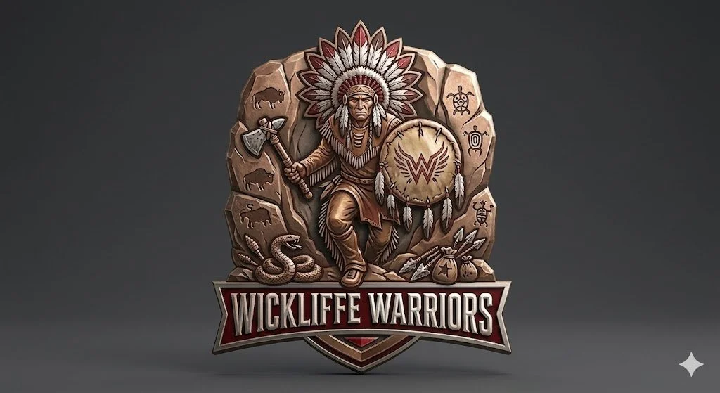 A detailed 3D logo for Wickliffe Warriors featuring a Native American warrior holding a tomahawk and shield, with symbols of wildlife and tribal imagery in the background.