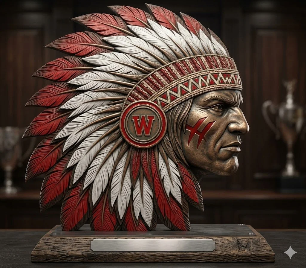 A detailed sculpture of a Native American chief wearing a feathered headdress, with a Wisconsin 'W' emblem on a circular insignia over the ear, and red face paint with two crossed lines on the cheek.