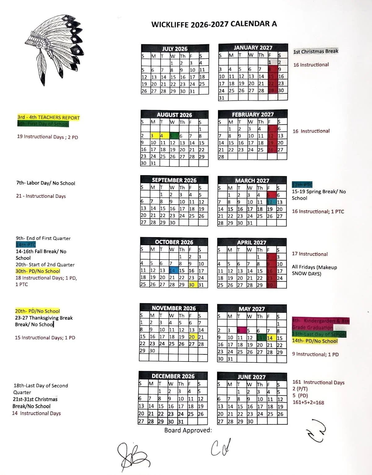 School calendar for Wickliffe 2026-2027, displaying months, holidays, breaks, instructional days, color-coded events, and signatures at the bottom.