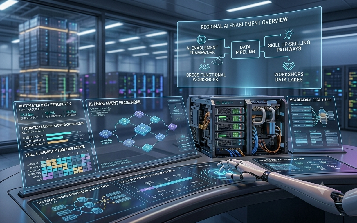 A visual representation of an AI enablement laboratory with screens and development initiatives and coding with a robot hand operating this lab.