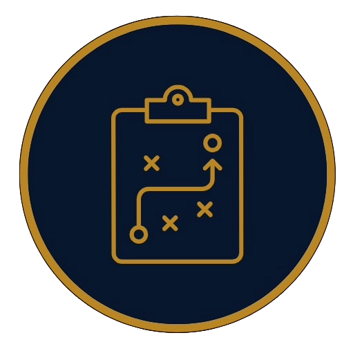 An icon of a sports playbook with tactical markings, including arrows and X's, on a dark circular background with a gold border.