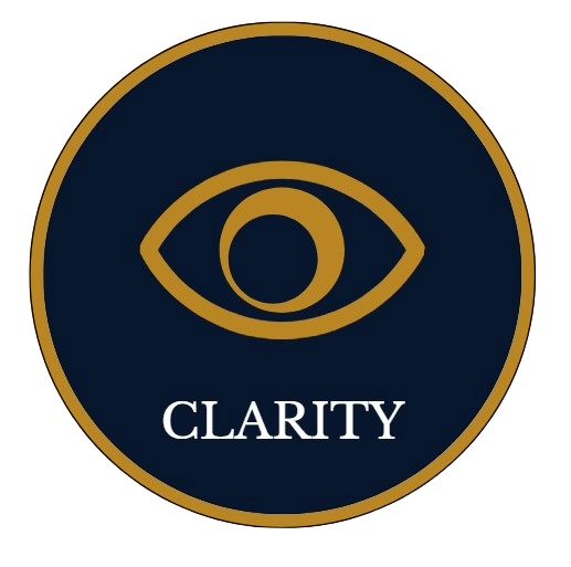 A circular emblem with a gold eye symbol above the word 'Clarity' on a dark blue background.