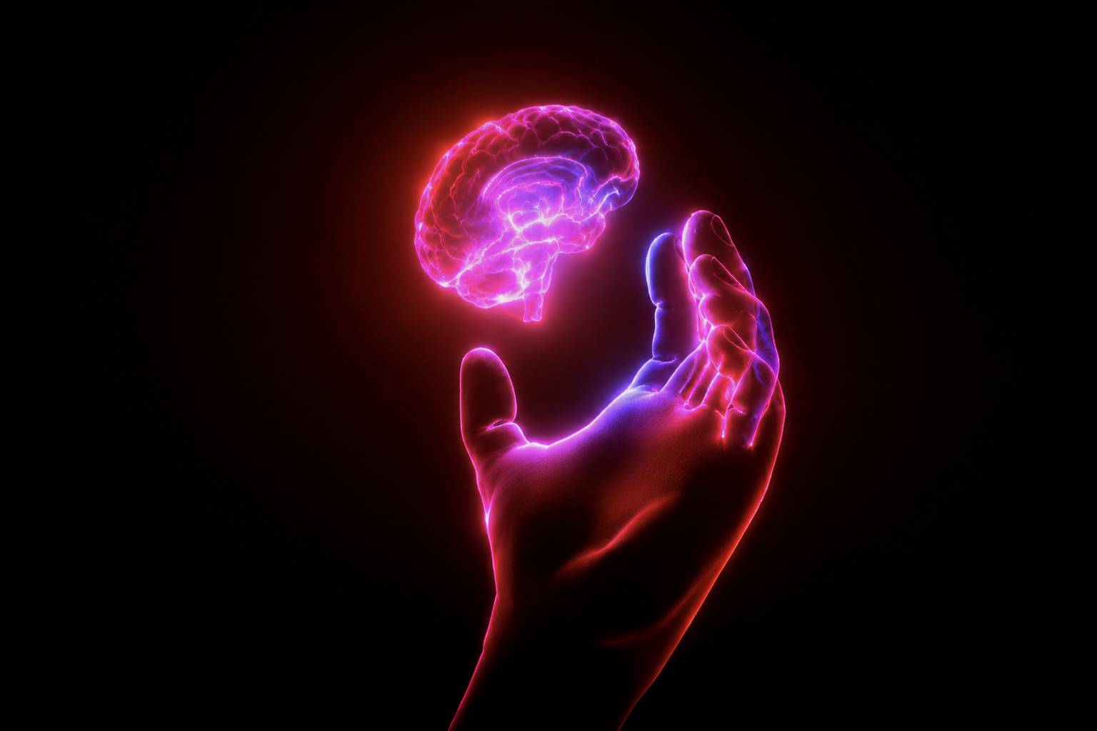 A digital illustration of a glowing pink human brain above a hand with pink lighting, against a black background.