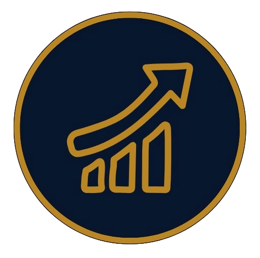 Gold line graph with an upward arrow on a dark blue background, symbolizing growth or progress.