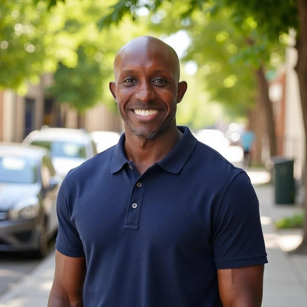 A smiling man standing outdoors on a tree-lined street in the daytime, wearing a navy blue polo shirt.