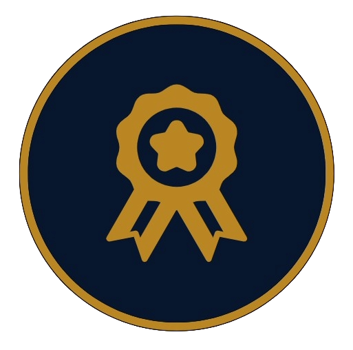 Gold award ribbon icon with star in the center on a circular black background.