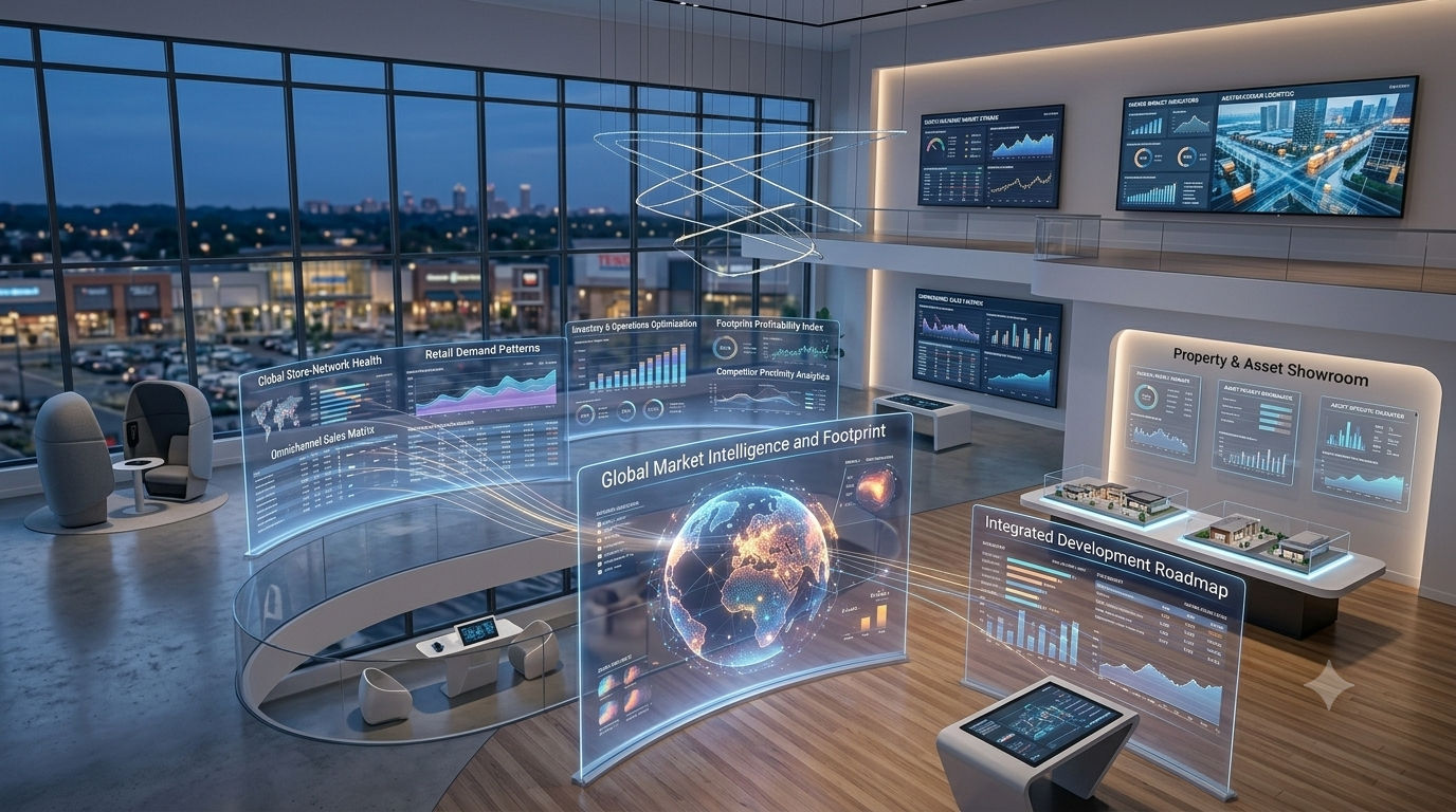 Futuristic corporate office with transparent digital data screens displaying analytics and global market information, overlooking a city skyline through large windows.