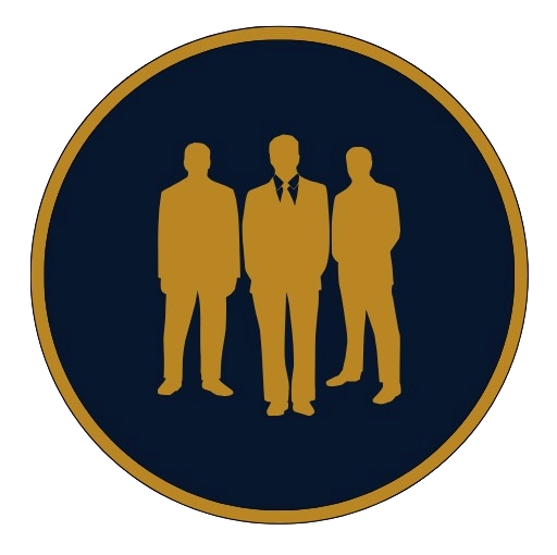 Silhouette of three business professionals in suits standing side by side, with the central figure slightly taller, on a dark circular background with a gold border.