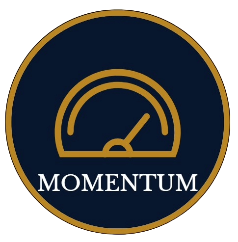 A black and gold circular emblem with a speedometer graphic and the word 'Momentum' underneath.