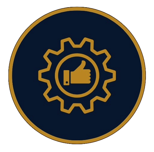 A circular emblem with a black background and a gold border. Inside, there's a gear symbol enclosing a thumbs-up icon, also in gold.