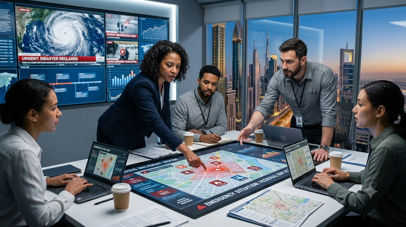 A group of six professionals in a modern conference room engaged in a disaster management meeting. They are gathered around a large table, analyzing maps and digital screens displaying city layouts, emergency markers, and weather data. One woman is pointing at a map on the table, indicating an emergency or incident area. The background shows a city skyline through large windows, with skyscrapers and a sunset sky.