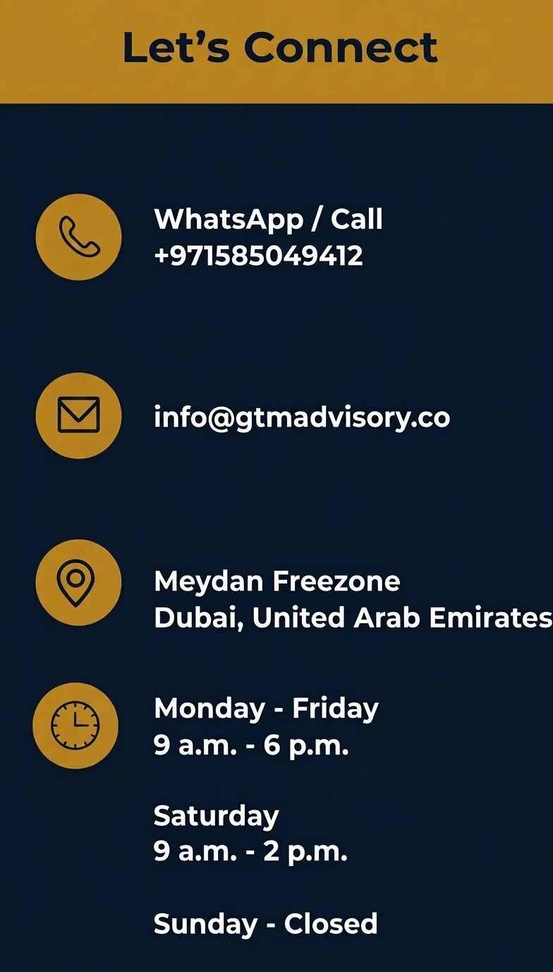 Contact information card includes WhatsApp/Call at +971585049412, email at info@gmtadvisory.co, location at Meydan Freezone, Dubai, United Arab Emirates, operating hours Monday to Friday 9 am to 6 pm, Saturday 9 am to 2 pm, closed on Sunday.