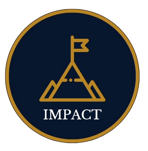 A circular logo with a dark blue background, gold outline, and a gold mountain with a flag at the top. The word "IMPACT" is written in white capital letters below the mountain.