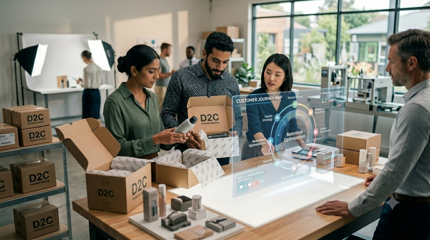 A diverse group of five people working together in a modern office with a customer journey map projection on the table, surrounded by packaging materials and boxes, with a bright room and large windows in the background.