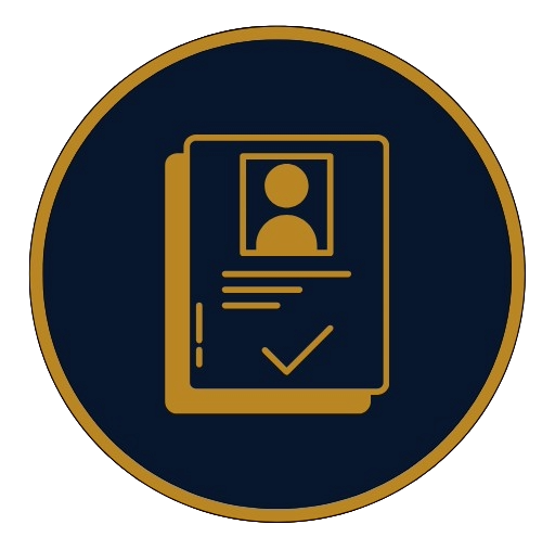 A gold-bordered navy blue circle featuring an icon of a passport with a photo and a checkmark.