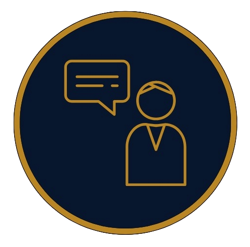An icon of a person with a speech bubble, all outlined in gold on a dark background, encased in a gold circular border.