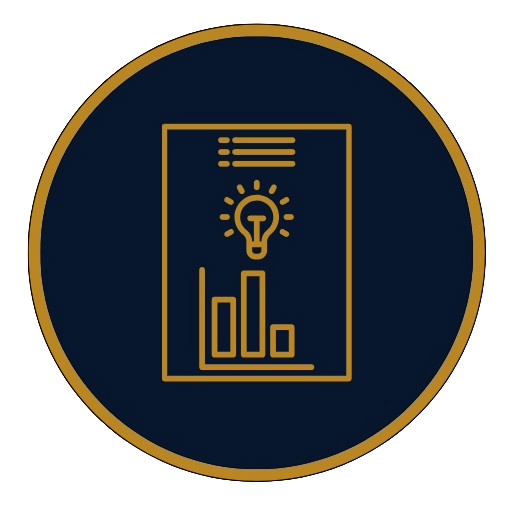 Icon of a document with a light bulb and bar chart, enclosed in a gold circle.