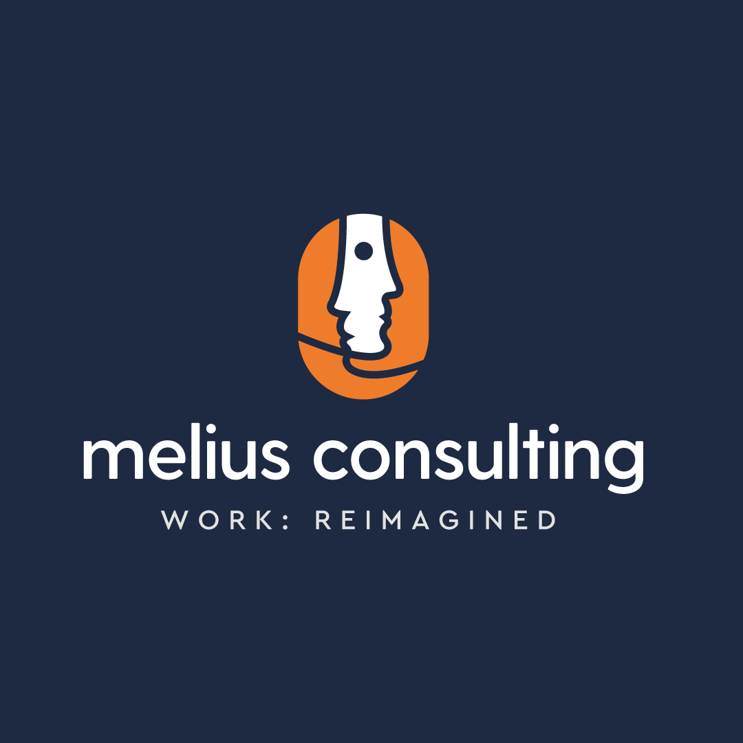 Logo of Melius Consulting with stylized profile of a face in white and orange and the text "melius consulting" and "WORK: REIMAGINED" on a dark blue background.