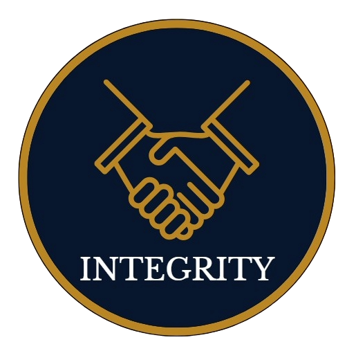 A circular logo with a dark blue background and gold border, featuring a gold outline of two hands shaking, and the word 'INTEGRITY' written below in white capital letters.