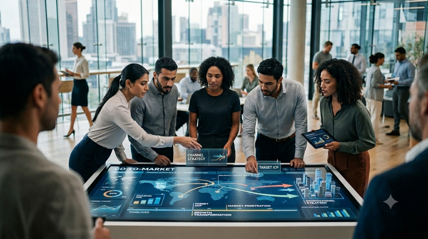 Business people gathered around a large digital touchscreen table discussing market strategies in a modern office with large windows.
