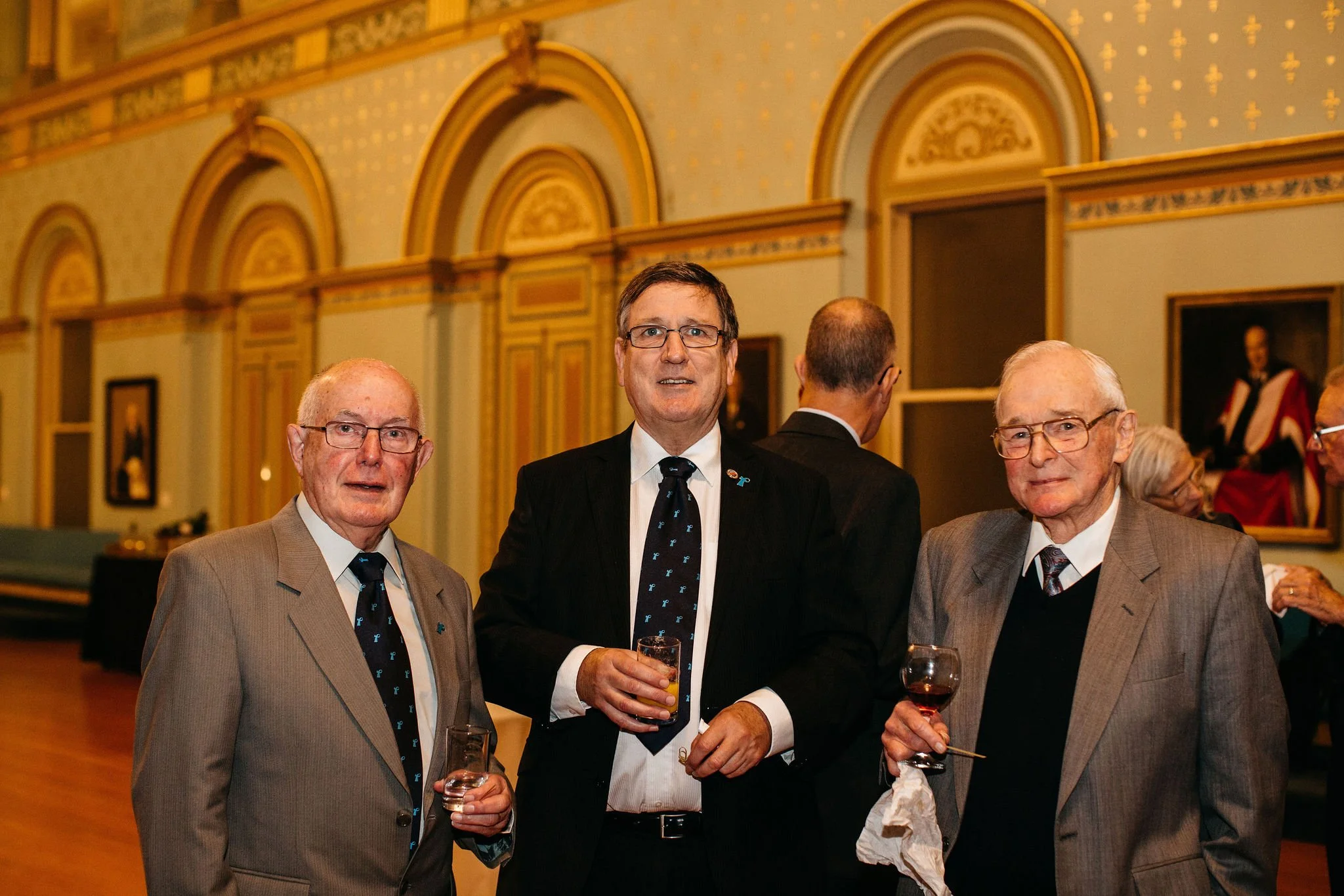 PCFA Government House reception in 2021. Robert Peters, Convenor of the Essendon Prostate Cancer Support Group, in the centre, Wolfgang Schutt, from Melbourne Prostate Group on the left, and David Snowden, from Eltham Prostate Group, on the right. 