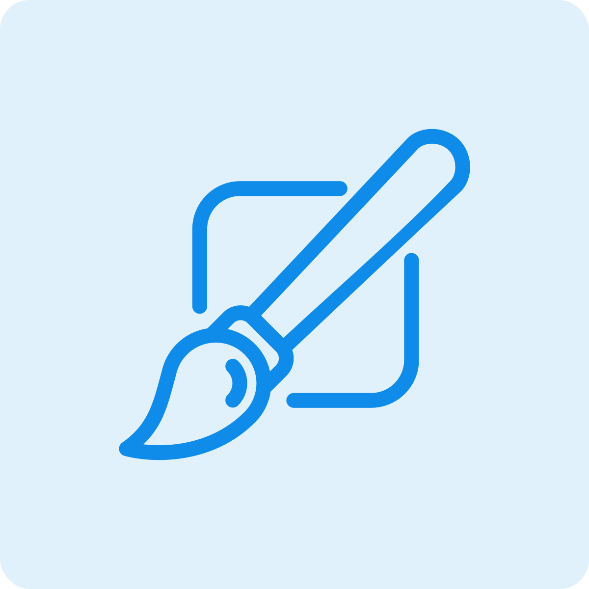 Icon of a trowel or gardening tool, with a handle and a pointed blade, inside a square outline on a light blue background.