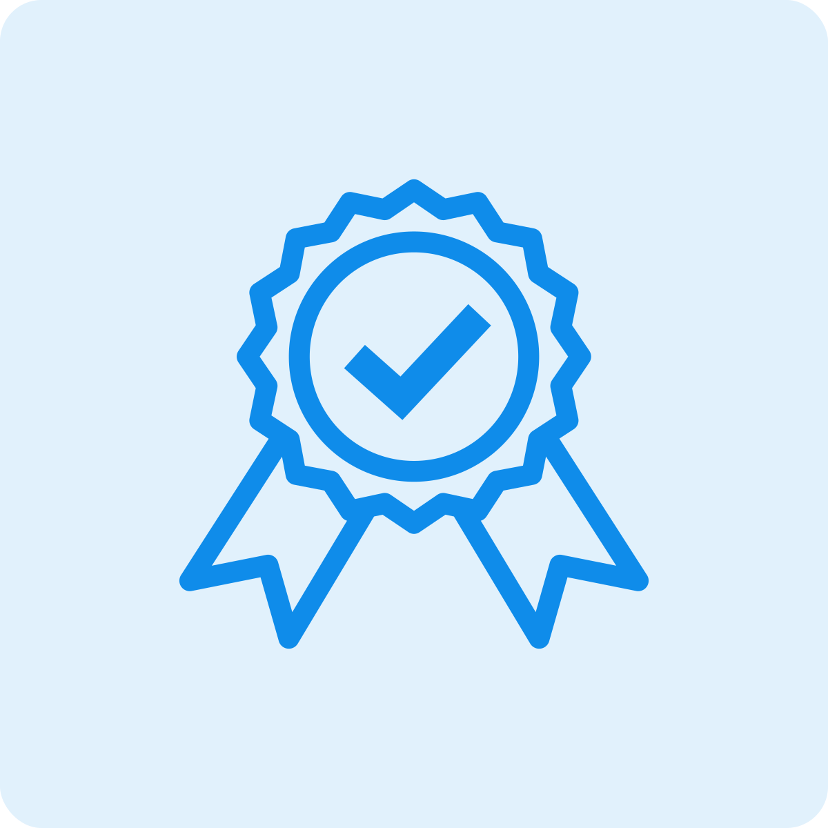 A blue badge with a checkmark inside, signifying approval or certification, on a light blue background.