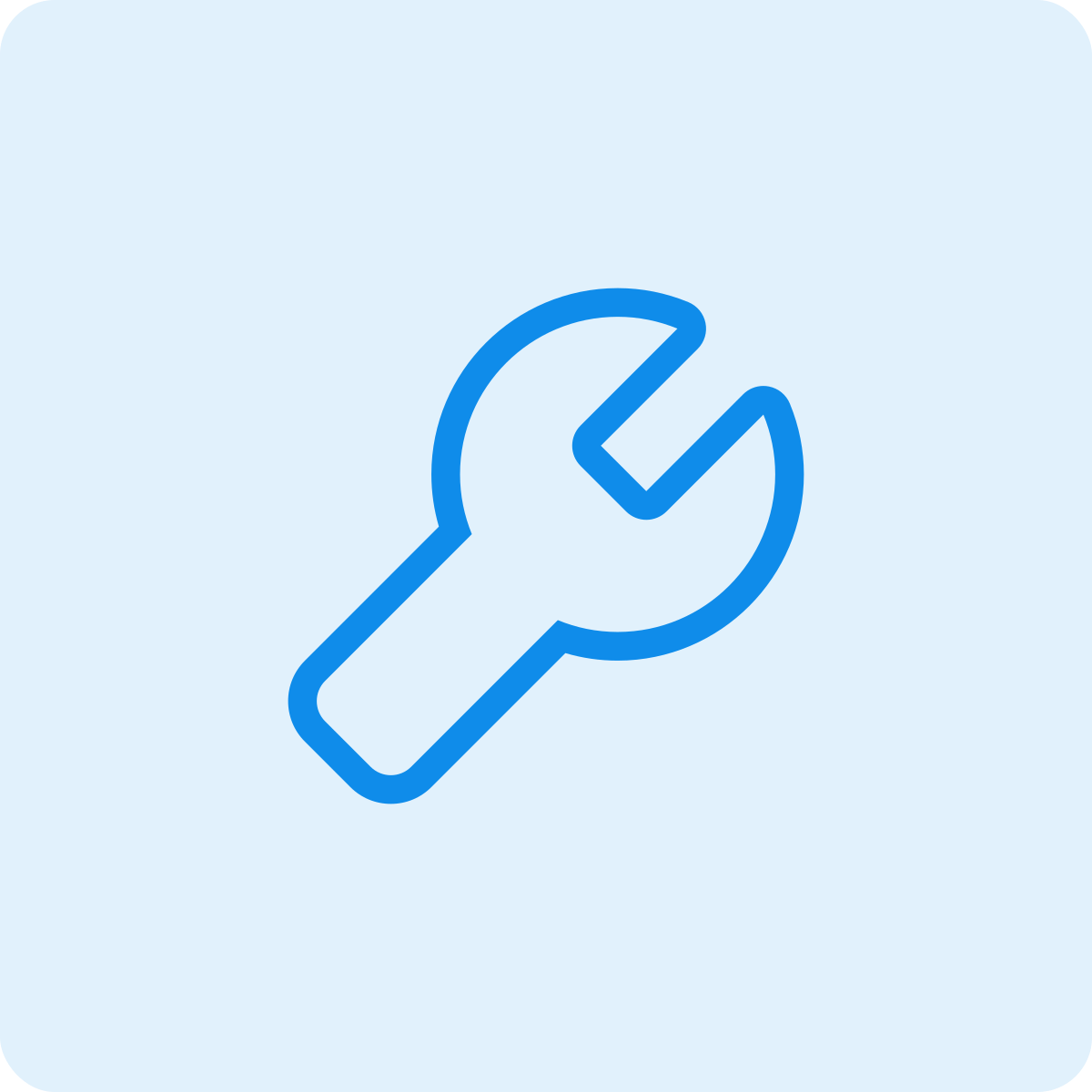 Blue outline wrench icon on a light blue background.