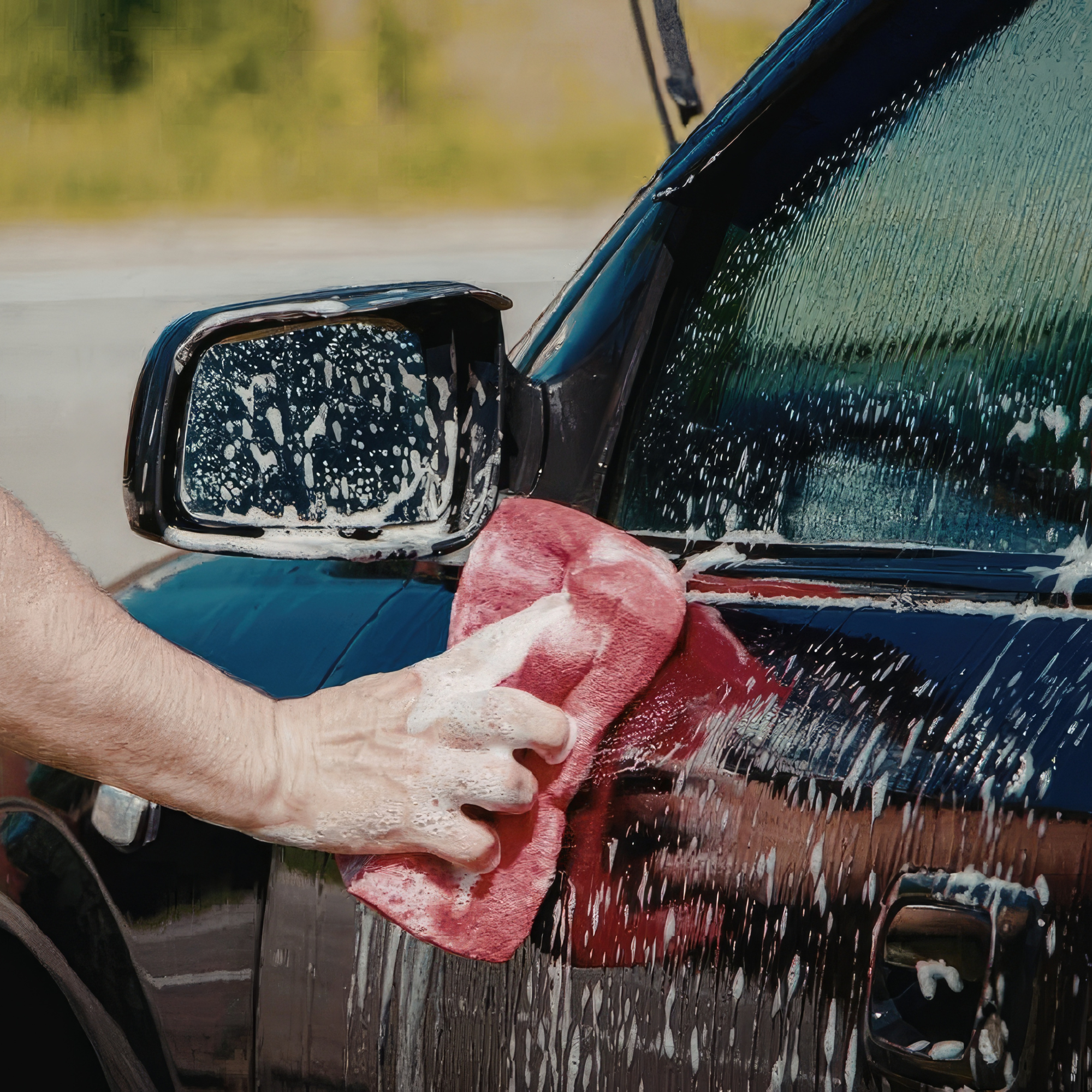 Close-up of a car with a shattered side mirror, water droplets on the glass, and a blurred background of trees and sky.